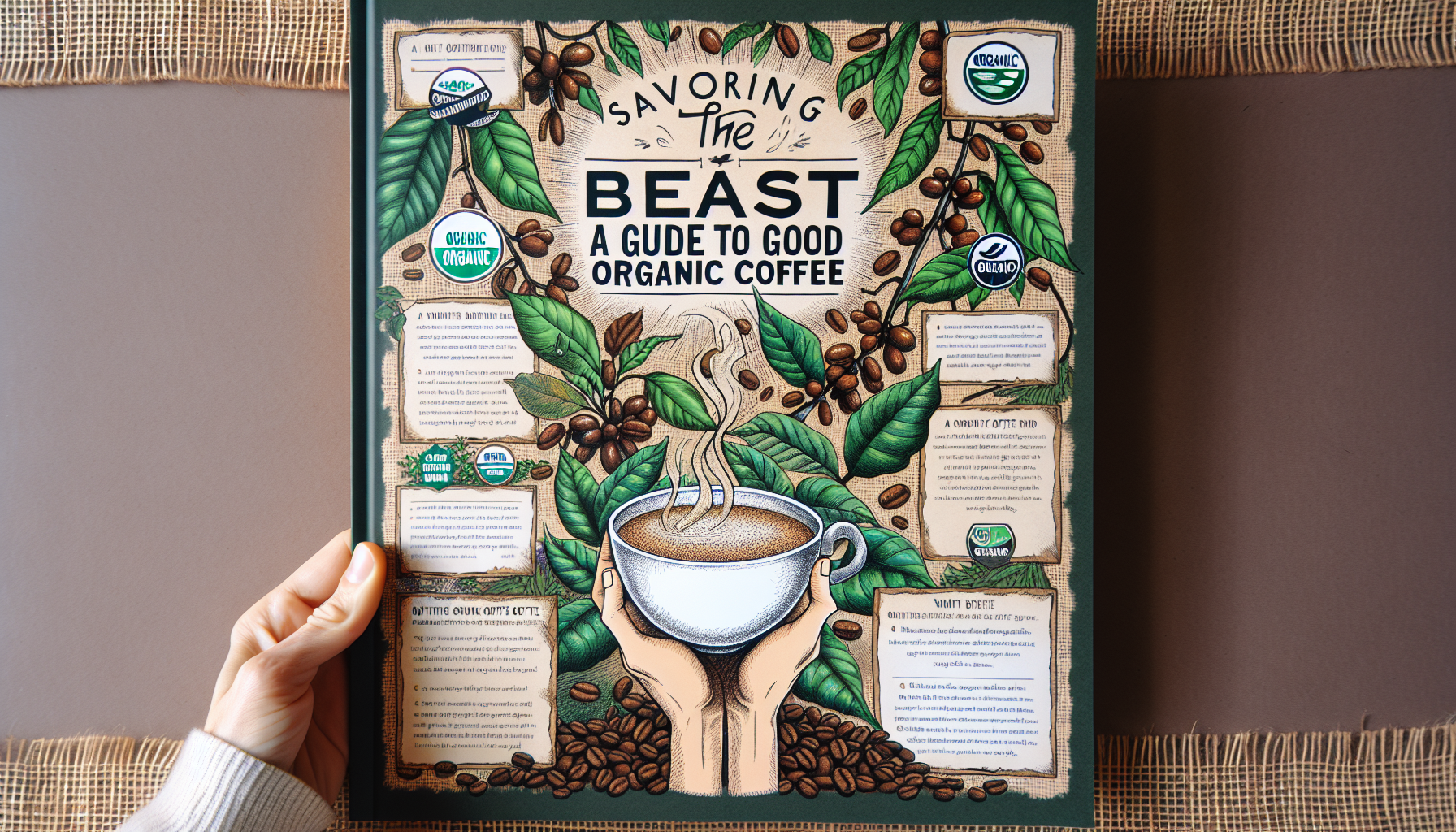 An illustrative guide titled 'Savoring the Best: A Guide to Good Organic Coffee'. The cover is decorated with drawings of lush coffee beans on verdant branches against a burlap background. Across the