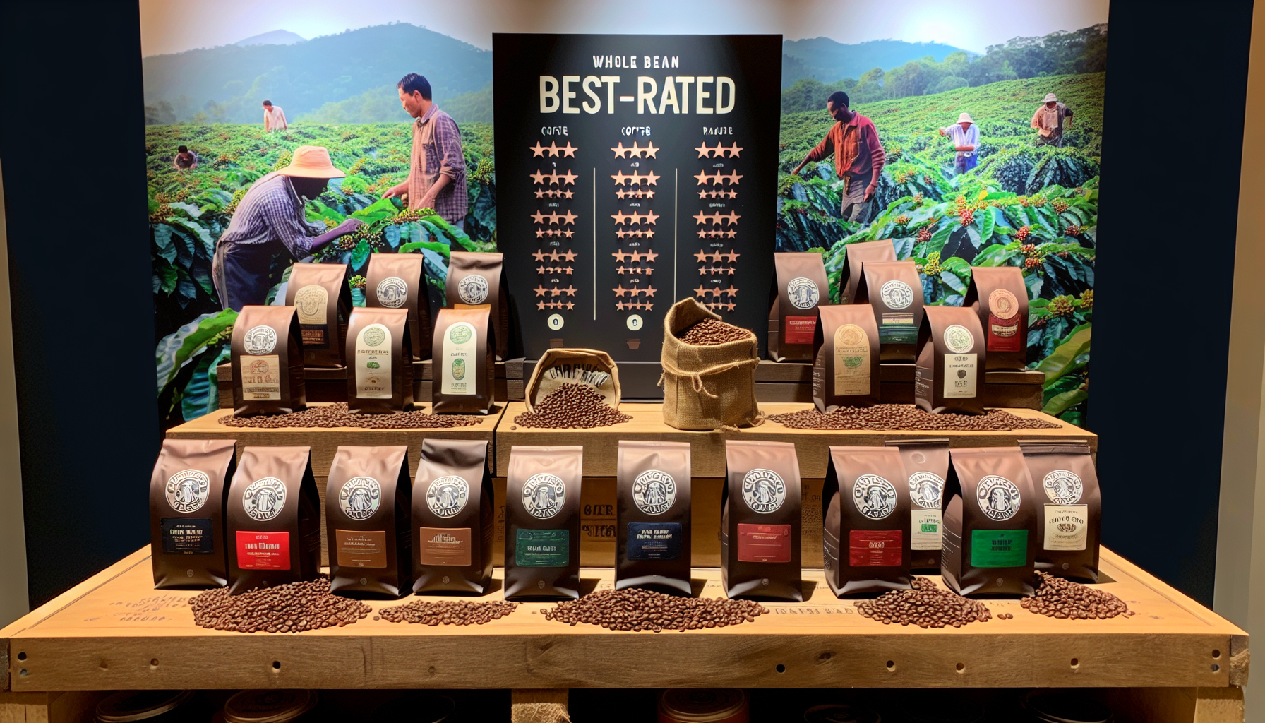 A display showcasing a variety of the best-rated whole bean coffees. Each bag can be distinctly recognized. Some bags are dark brown, some are light brown, and others are green or red. The names of th
