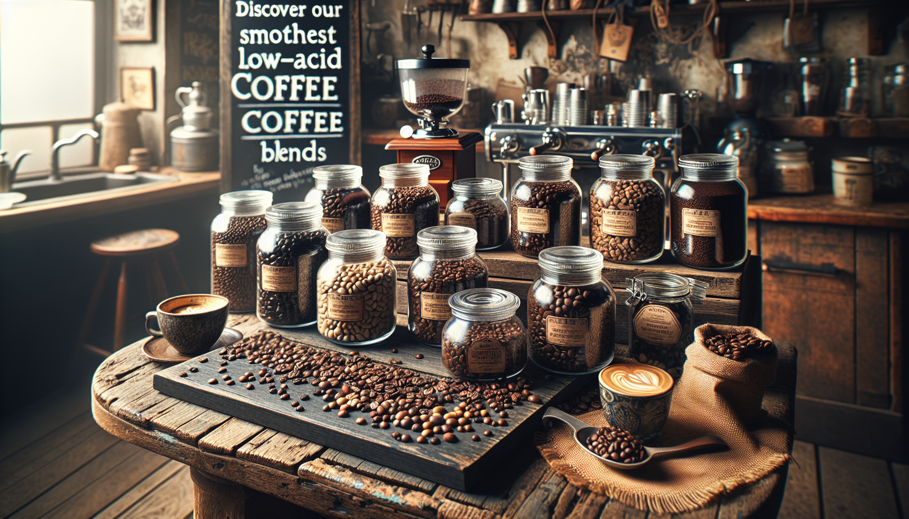 Imagine an artisan coffee shop, the air filled with the rich aroma of freshly ground beans. On a rustic, weathered wooden table, there is a tantalizing display of various low-acid coffee blends. Each