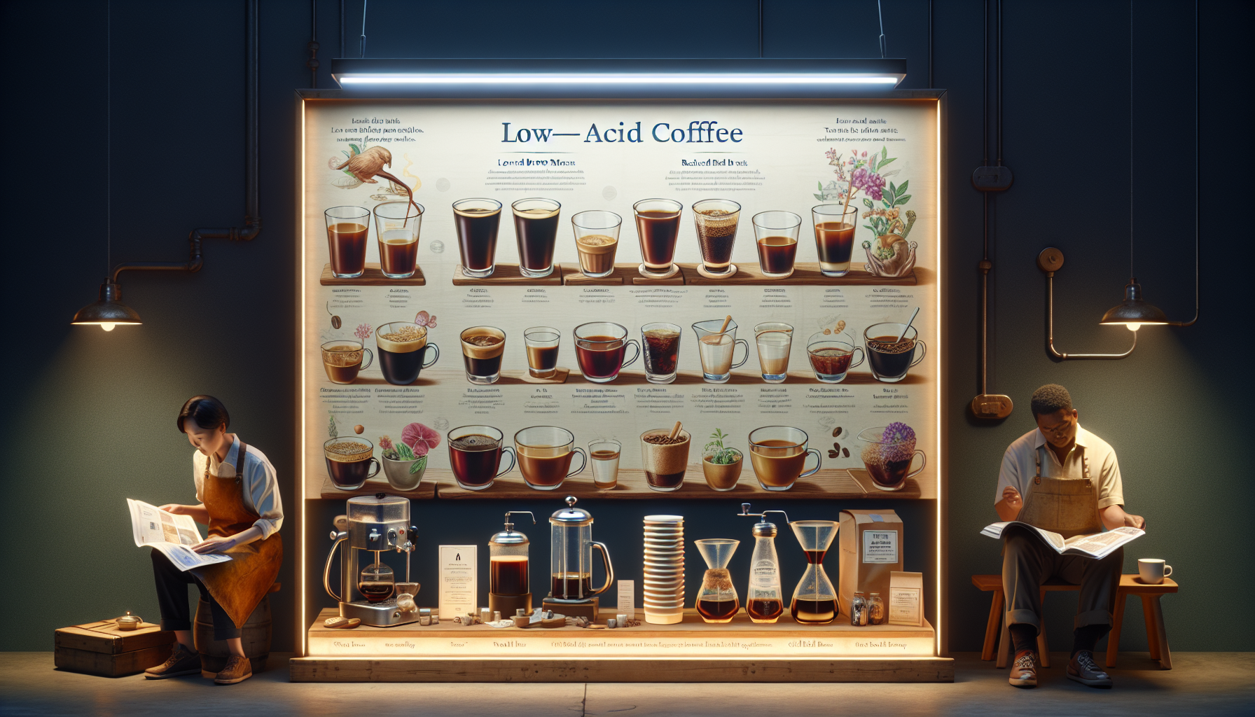 An illuminating scene embodying the calm essence of coffee shops, displaying a variety of low-acid coffee options available for customers to explore. The composition highlights small labelled paper cu