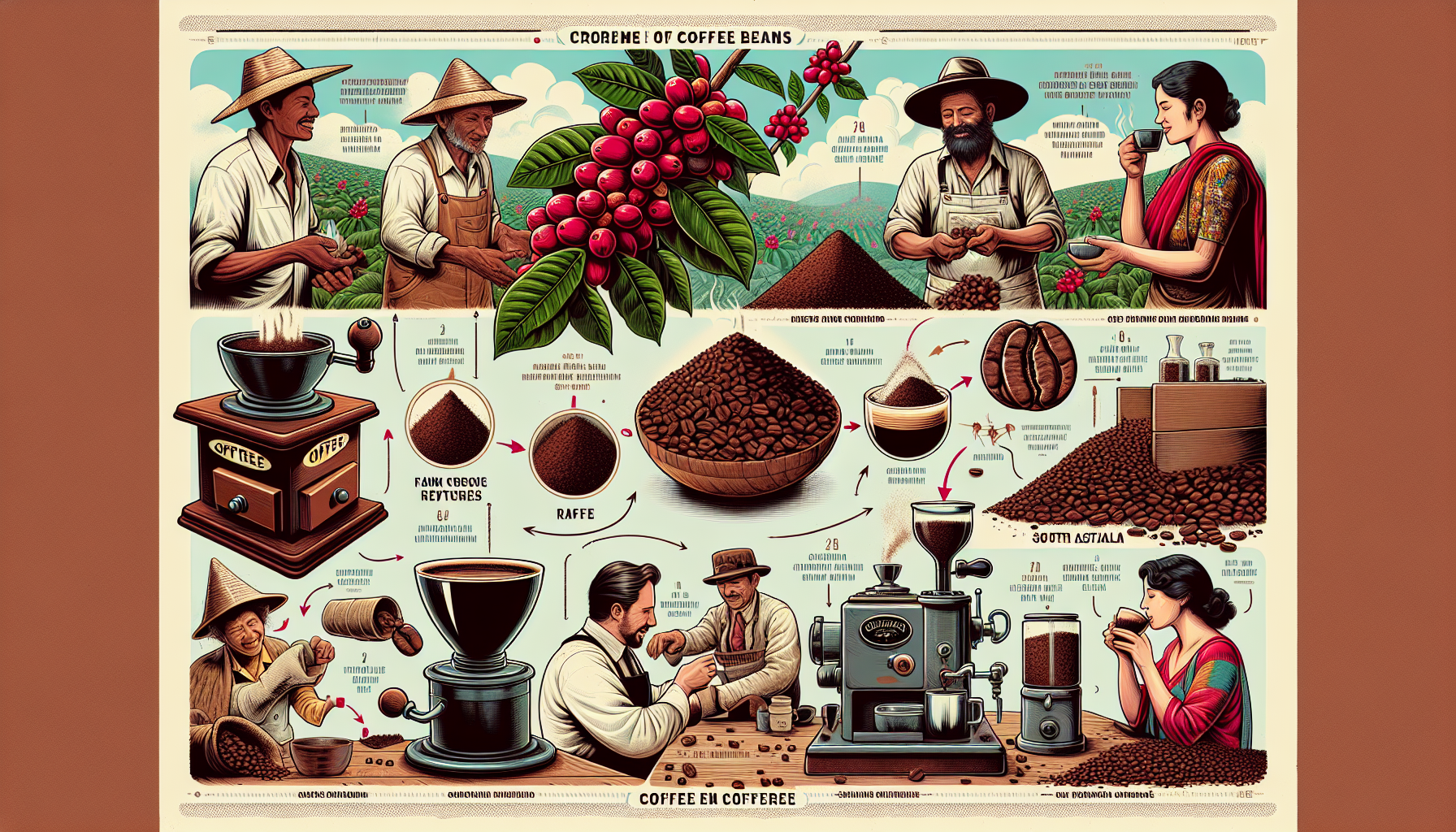 An in-depth illustration detailing the journey of coffee beans from farm to cup. It includes images of ripe coffee cherries, a plantation worker (Hispanic man) handpicking them, the process of drying