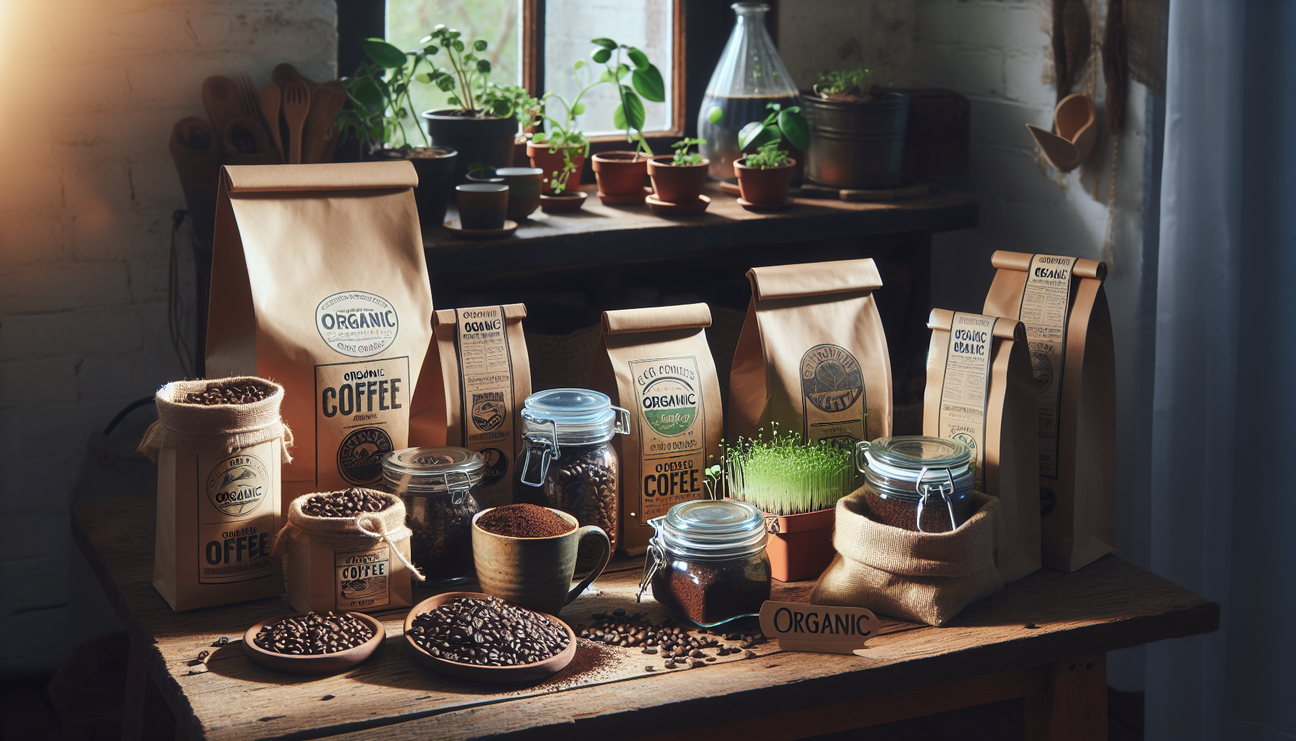 A rustic wooden table displaying organic coffee products from various unknown brands. The coffee is packaged in eco-friendly materials including paper bags, glass jars, and hemp drawstring bags. There