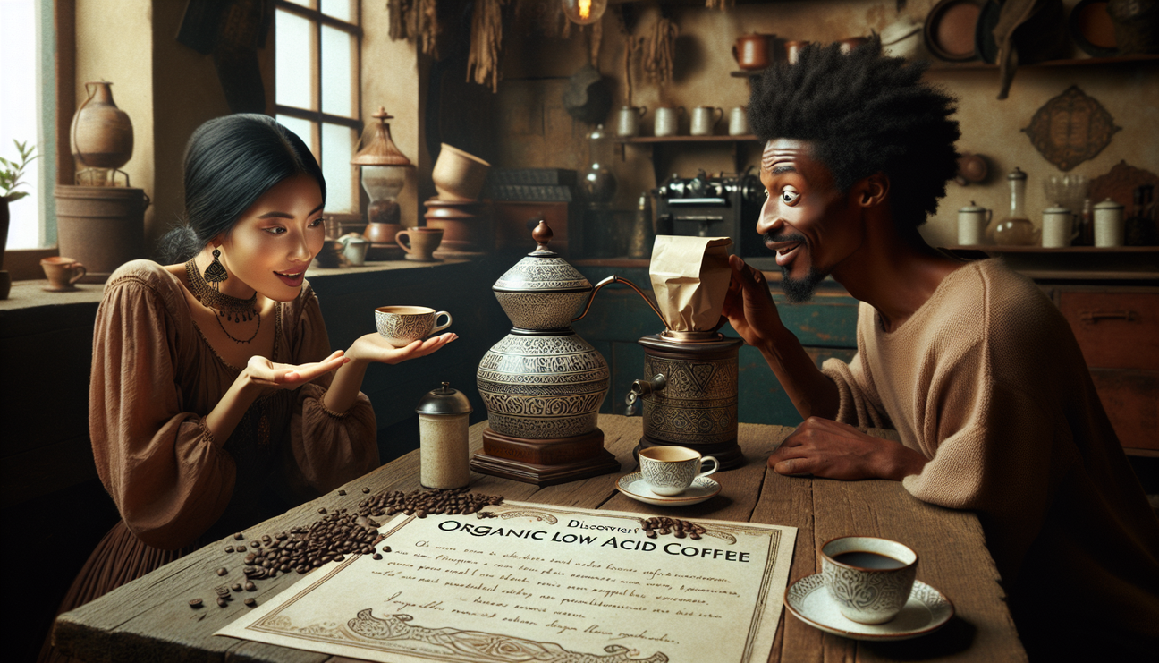 An enchanting scene displaying the discovery of the smooth taste of organic low acid coffee. Two individuals seated at a rustic wooden table. One a South Asian woman, with jet-black hair tied in a nea