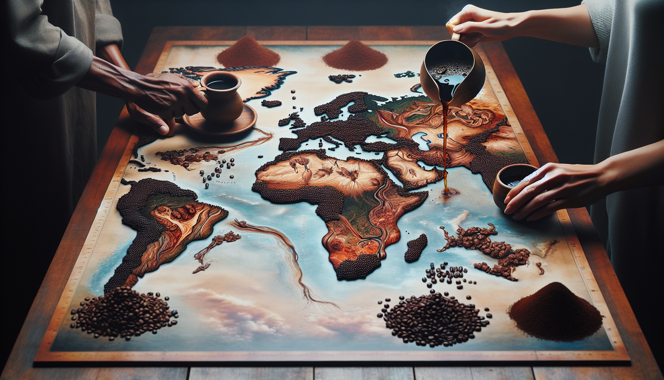 A highly detailed map of the world lays flat on the table. Parts of the continents are presented with different types of coffee beans in varying shades of brown, depicting their regionality. Hands of 