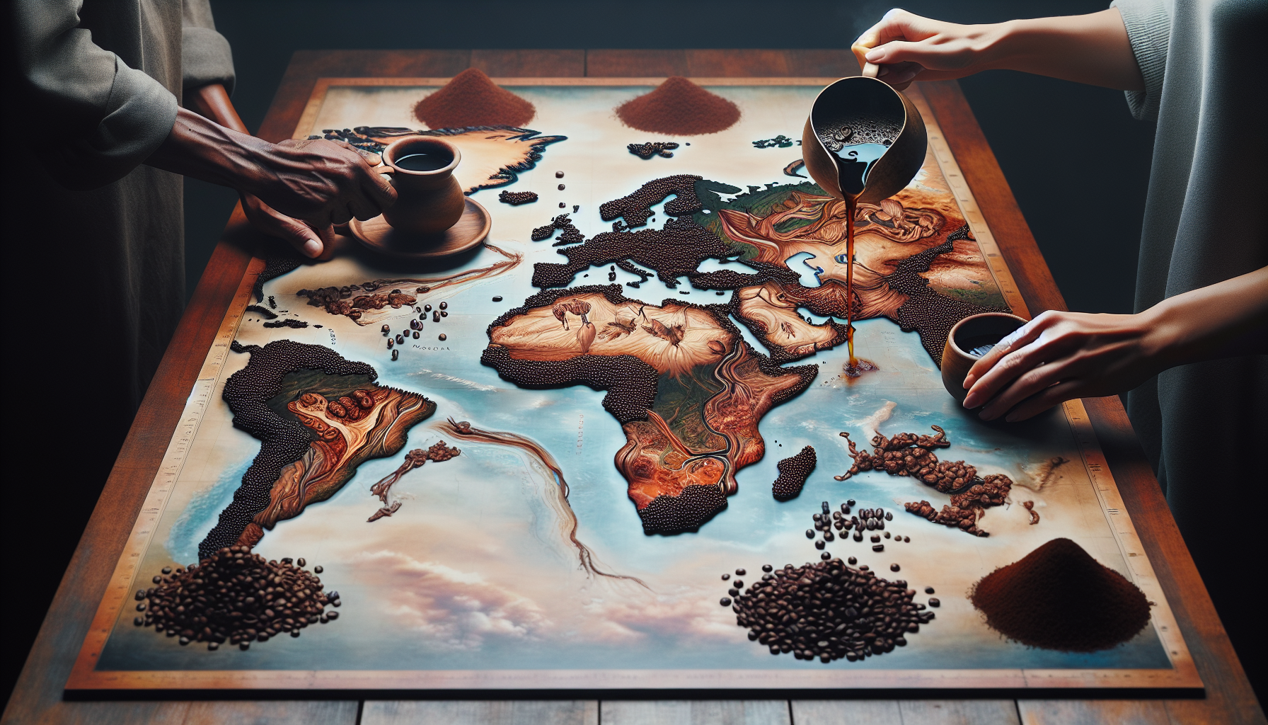 A highly detailed map of the world lays flat on the table. Parts of the continents are presented with different types of coffee beans in varying shades of brown, depicting their regionality. Hands of