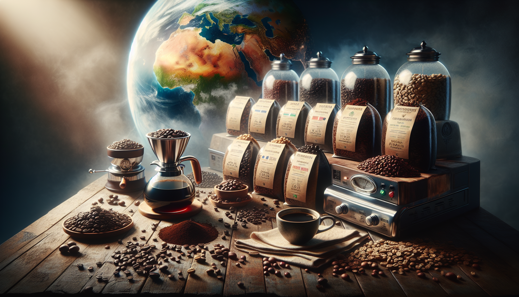 Imagine a scene filled with several different varieties of whole bean coffee, each with their unique attributes. On one side, there's a rich, dark-roasted Arabica bean from South America, its glossy s