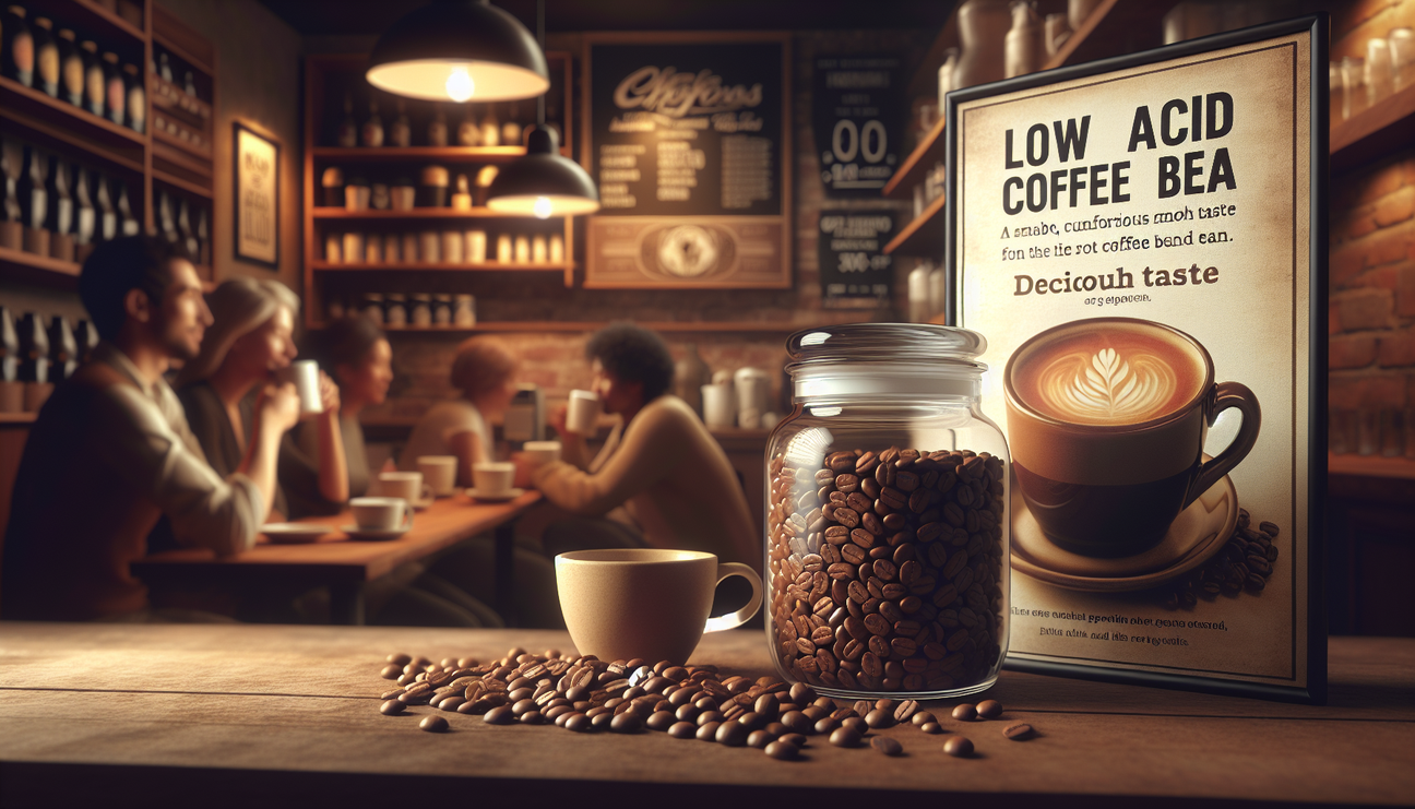 Visualize a warm scene of a coffee shop. In the foreground, a glass jar filled with low acid coffee beans, each uniquely polished, smooth, and rich in color. The aroma, comforting and inviting, permea