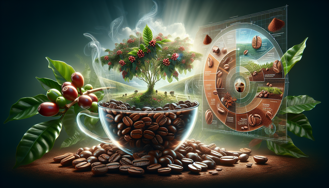 An enthralling image depicting the wonders of whole coffee beans. In the foreground, a few shiny, roasted coffee beans lie magnificently. One side of the image illustrates the transformation of the be
