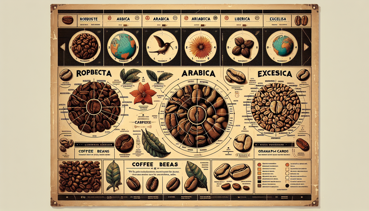 An informative visual guide to coffee beans. The image should showcase different varieties of coffee beans: robusta, arabica, liberica and excelsa. Each bean type should be distinct and labeled. Addit