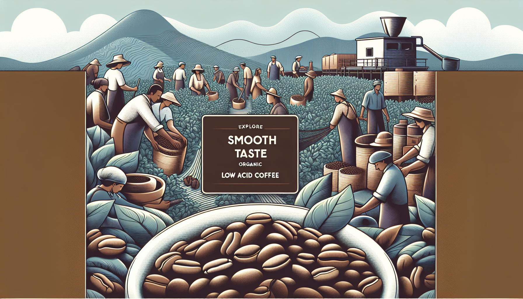 Explore a detailed visual representation of the concept 'Smooth Taste: Organic Low Acid Coffee'. The image should depict a pile of organic coffee beans in the foreground with a minimalist label carryi