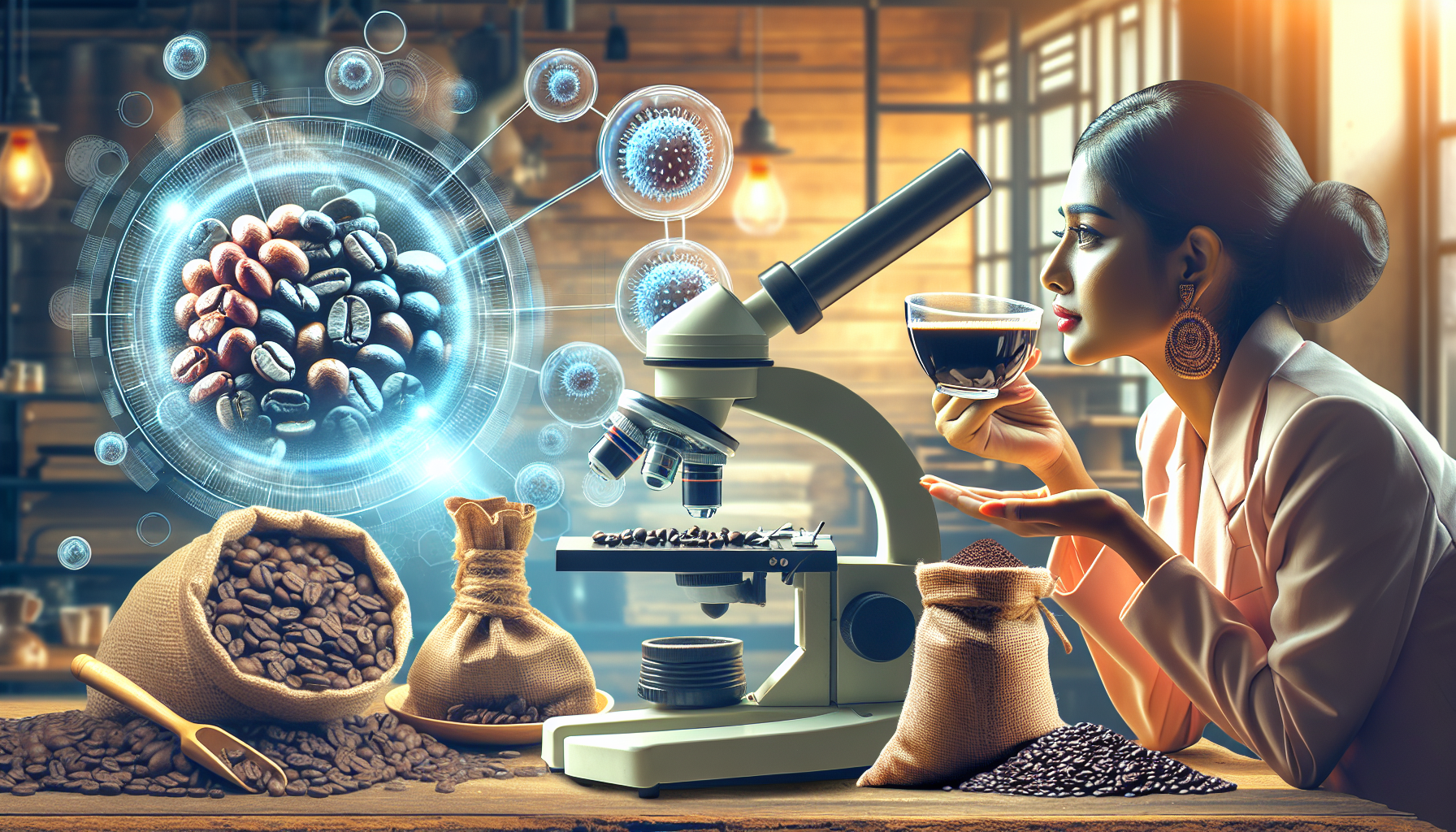 A serene scene displaying the process of discovering low-acidity coffee beans. The picture showcases an assortment of diverse coffee beans, some dark, others light. There is a microscope on the table