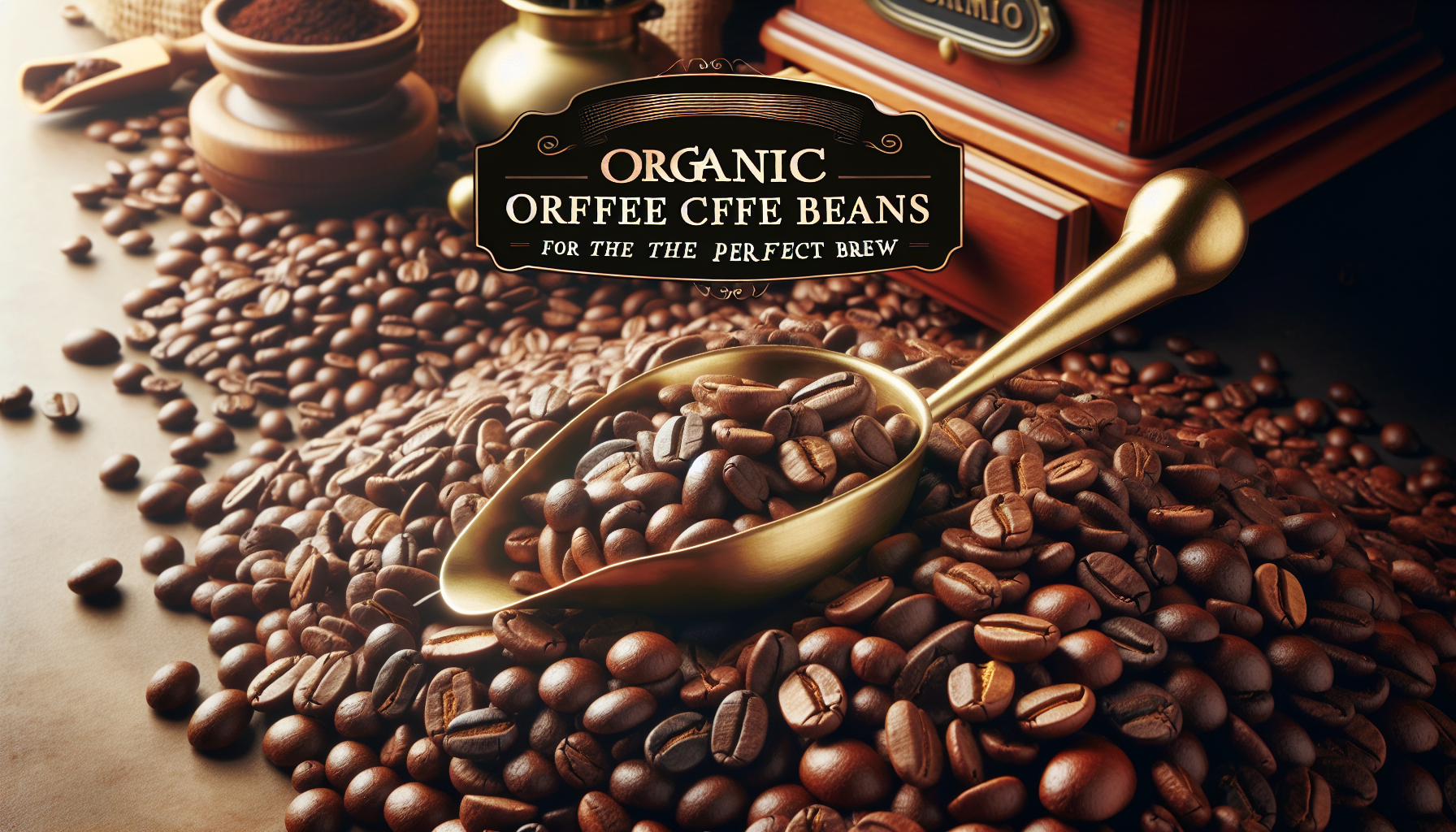 An assortment of top-quality organic coffee beans beautifully stacked. The beans are a mix of different varieties, each exhibiting a rich color from light brown to dark brown. The beans are shiny, ind