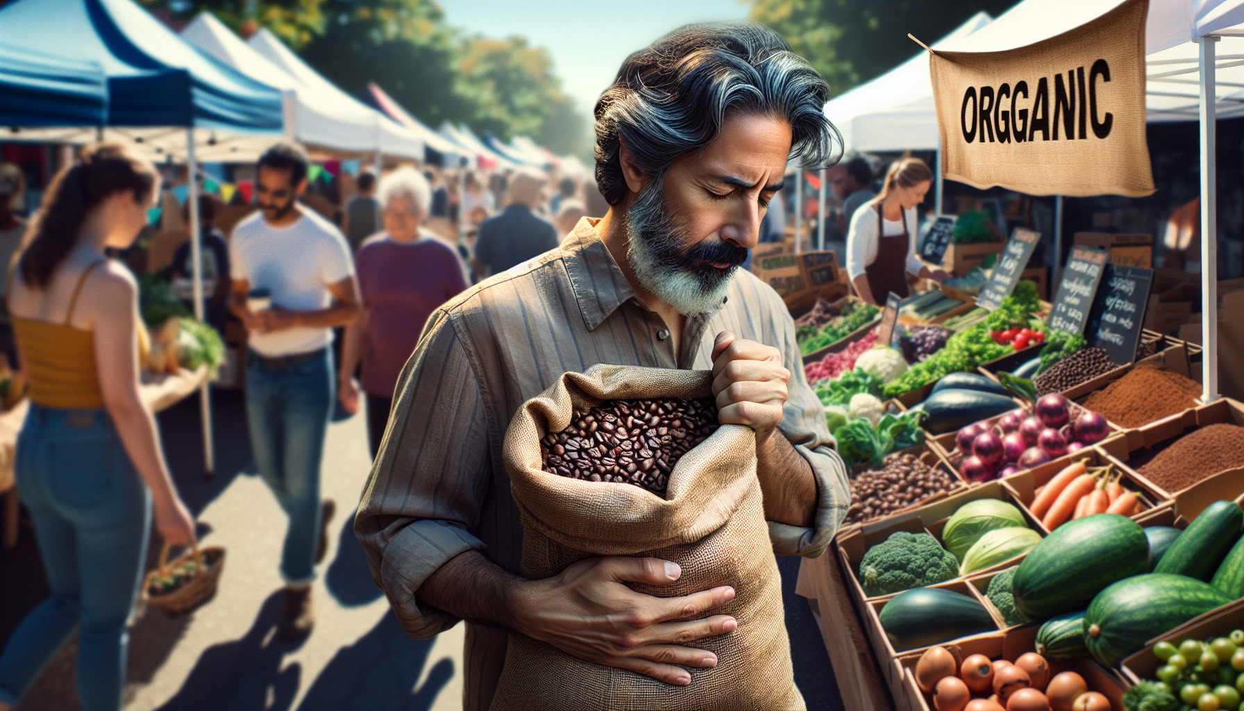 A visual depiction of a person buying organic coffee in bulk, representing a sustainable choice. The middle-aged man of South Asian descent is at a local farmer's market. He holds a cloth bag filled w