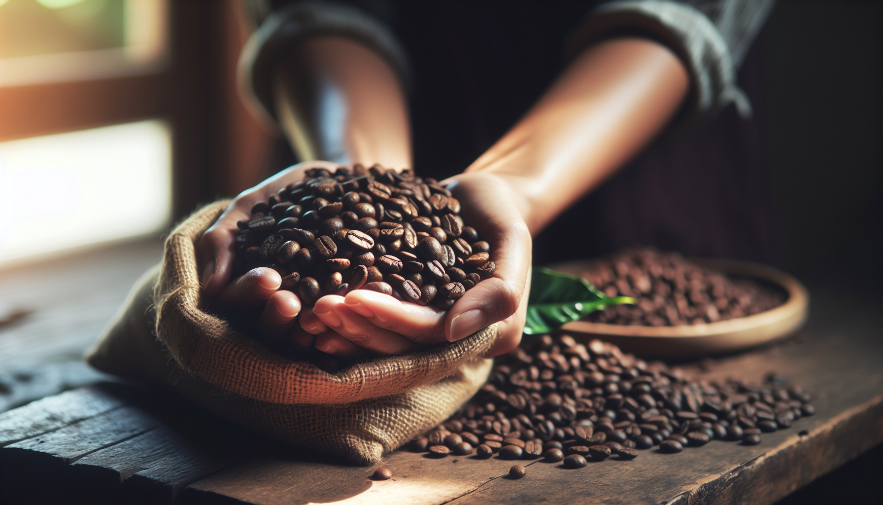 Close-up view of a handful of organically grown coffee beans. The beans are rich and glossy, indicating their freshness. They are held in a woman's hand, her skin is South Asian in descent. She is unl