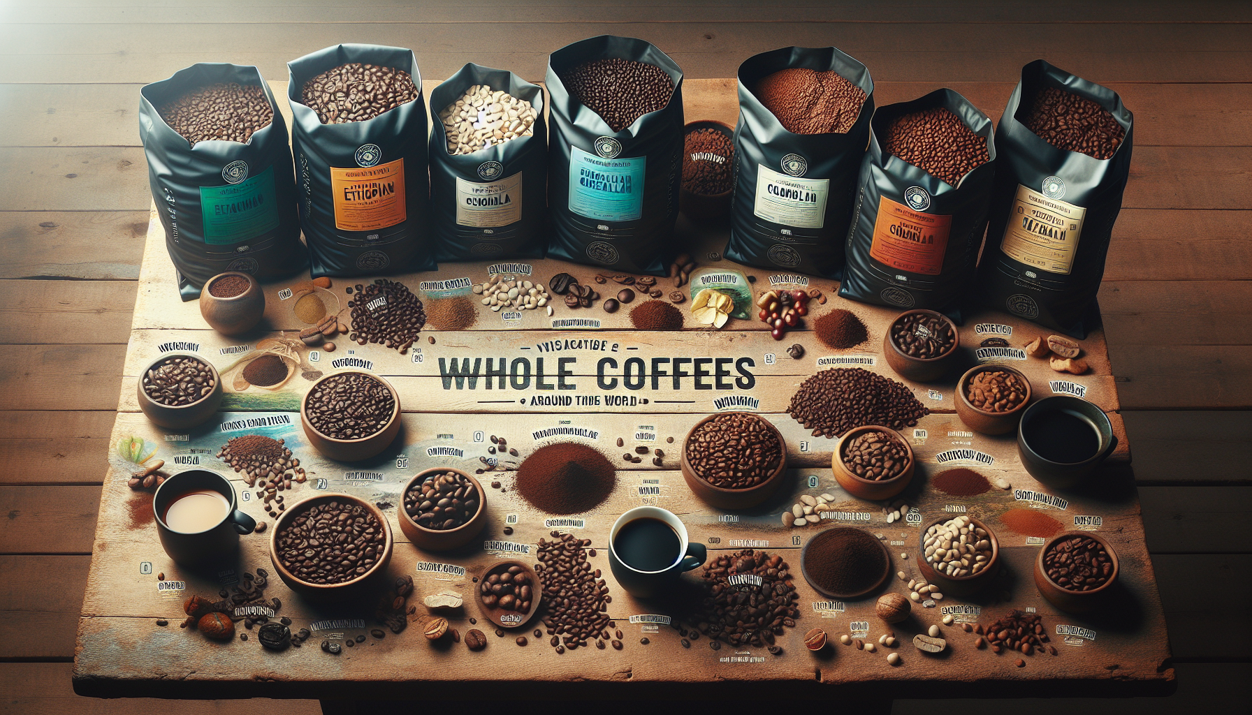 Visualize a collection of top whole bean coffees from around the world, ready to make the perfect cup of brew. Each bag of beans is distinctively labeled and presented in an aesthetically pleasing man