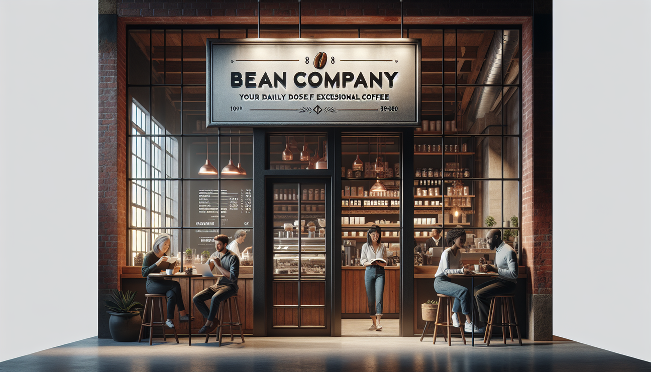 An image of a hip, artisanal coffee shop with a sign that reads 'Bean Company: Your Daily Dose of Exceptional Coffee'. The shop is located in a refurbished, red brick building that has large glass win