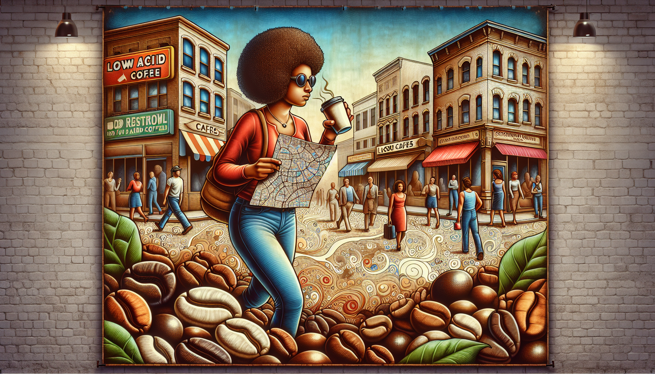 A vivid and detailed visual representation of a person embarking on a quest to discover low acid coffee options nearby. The scene unfolds in a metropolitan city with different cafes and coffee shops l
