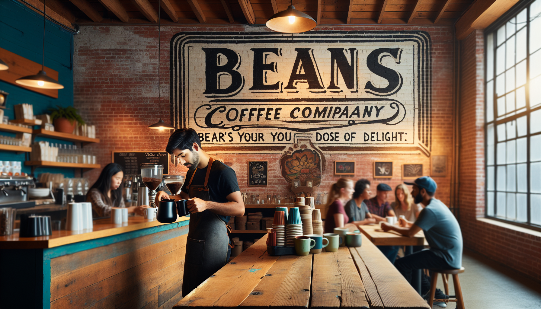 A rustic brick coffee shop with a large painted sign on the side that reads 'Beans Coffee Company: Your Daily Dose of Delight'. On the foreground, a barista with Hispanic descent pours coffee into a m