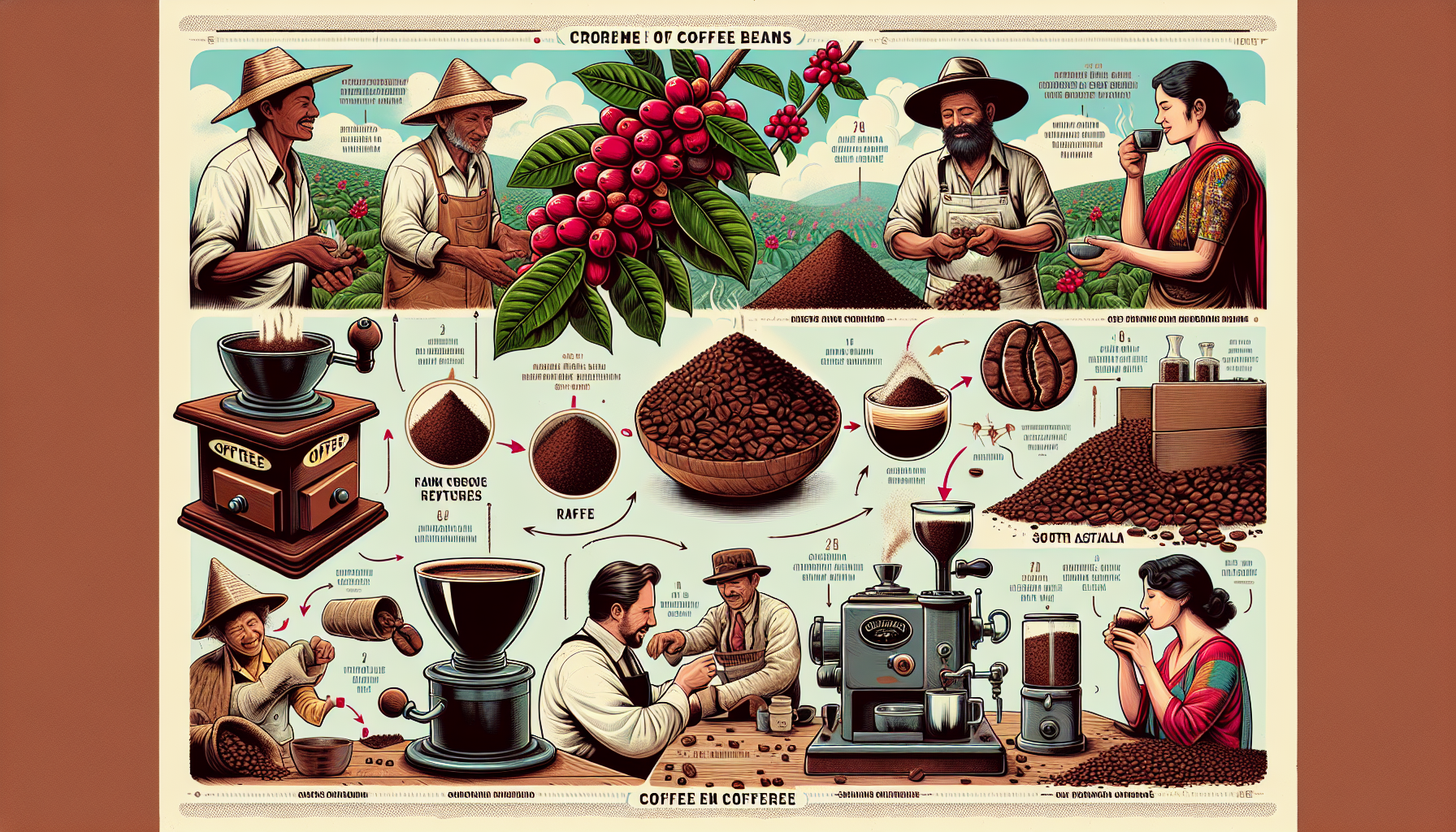 An in-depth illustration detailing the journey of coffee beans from farm to cup. It includes images of ripe coffee cherries, a plantation worker (Hispanic man) handpicking them, the process of drying 