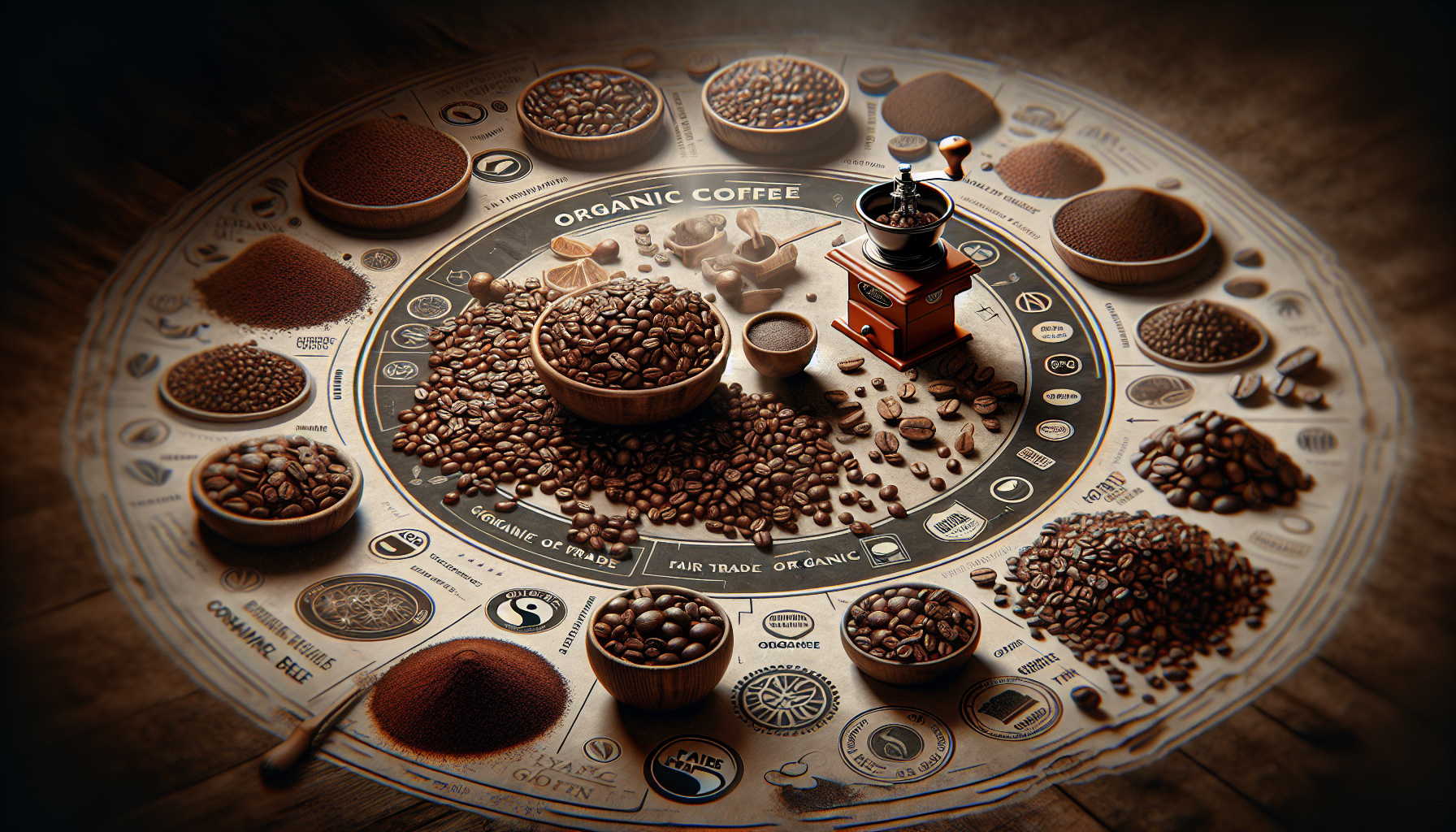 Visualize a scene where a variety of whole organic coffee beans are spread out. They are multiple shades of brown, from light to dark, and they're glossy. Some beans are cracked open, revealing the ri