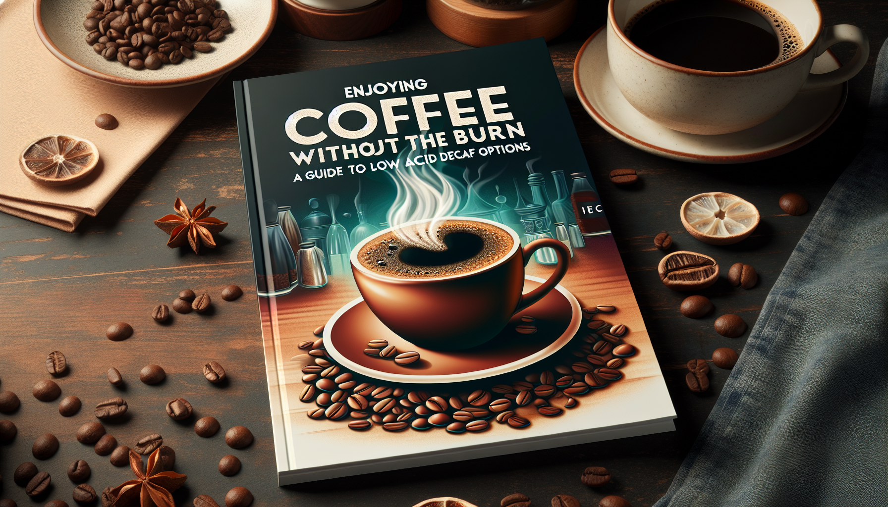 An engaging cover page for a coffee guide. The title of the book says 'Enjoying Coffee without the Burn: A Guide to Low Acid Decaf Options'. This scene is set in a cozy coffee shop with a calm ambianc