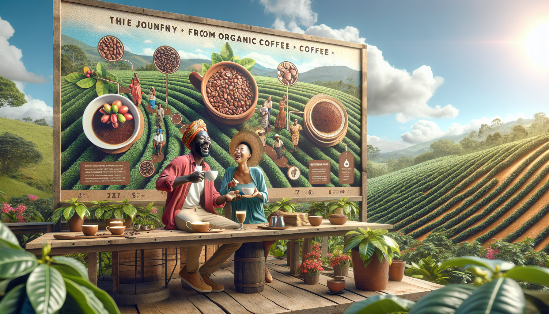 Visualize an engaging scene signifying the benefits of organic coffee. An African woman and an Asian man are joyfully sipping coffee at a cosy café made of reclaimed wood. They are surrounded by a lus