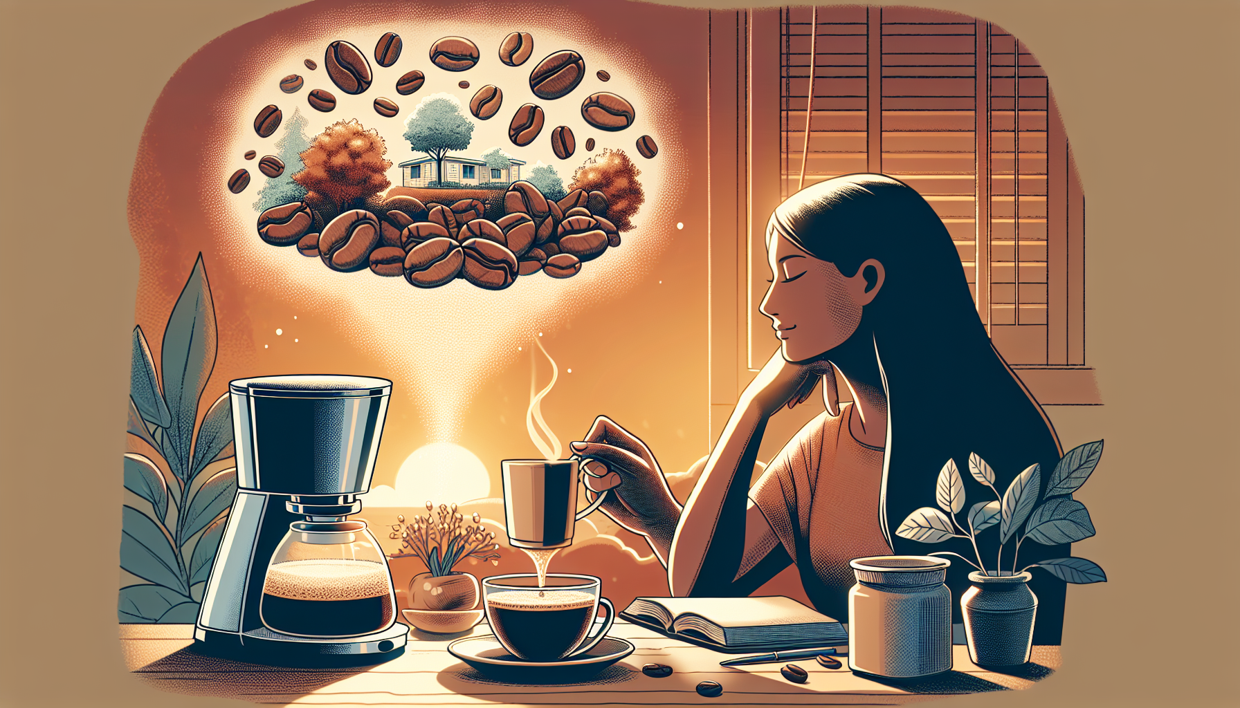 Visualize a peaceful scene that involves the process of making and enjoying a cup of no acid coffee. The picture could capture elements like coffee beans, a coffee maker, a serene ambiance with warm l