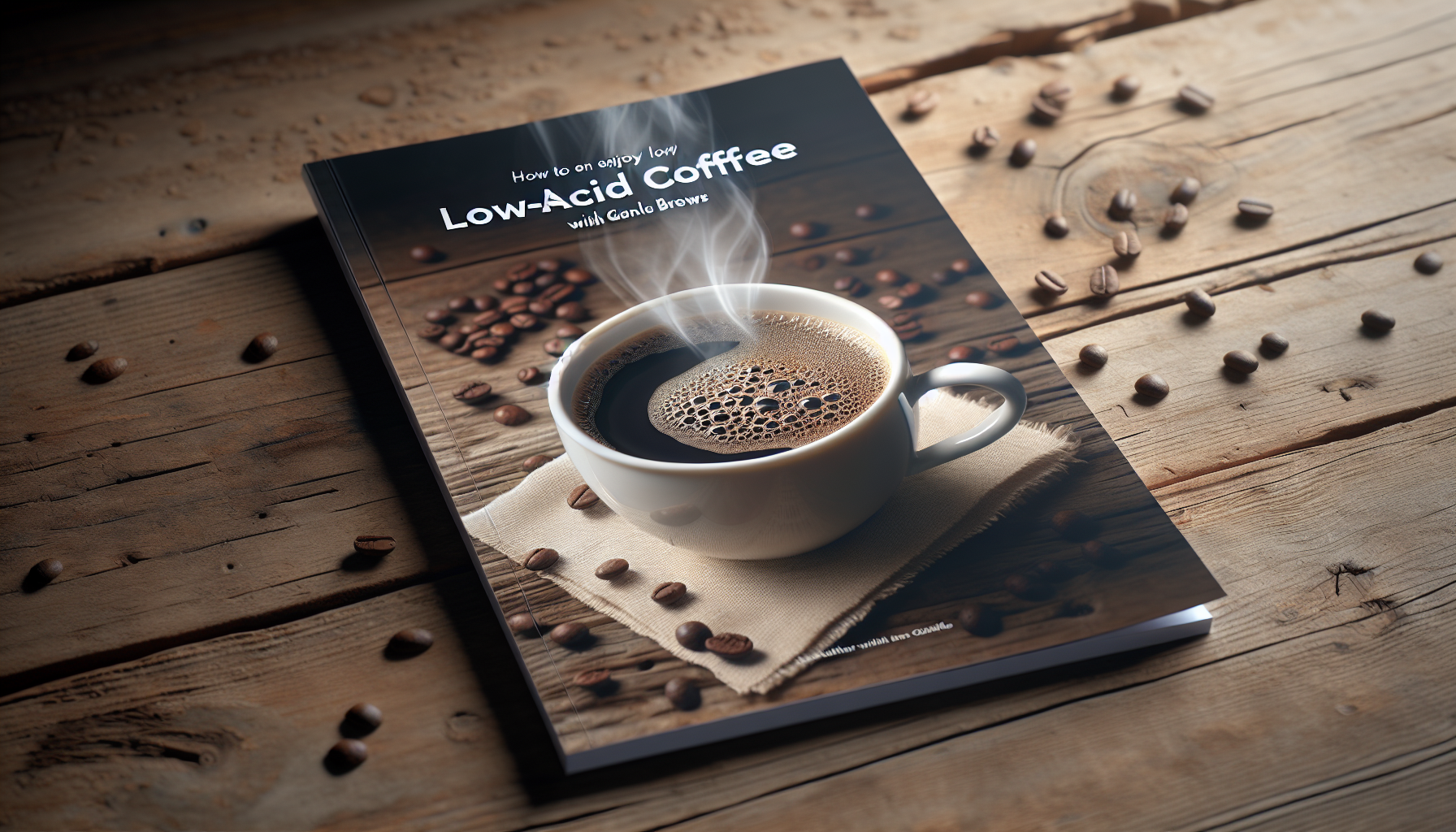 A comprehensive guide on how to enjoy Low-Acid Coffee with gentle brews. The cover page of the guide is adorned with a steamy, freshly prepared cup of low-acid coffee sitting atop a rustic wooden tabl