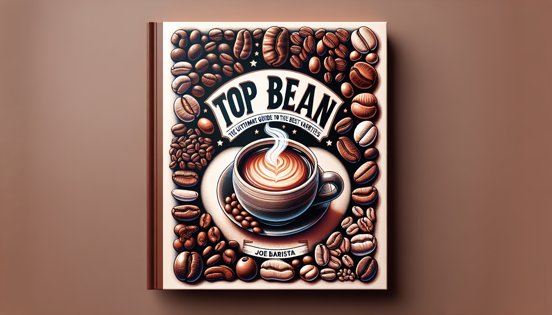 A detailed illustration of a book cover titled, 'Top Bean Picks: The Ultimate Guide to the Best Coffee Varieties'. The cover features various types of coffee beans arranged in an aesthetically pleasin