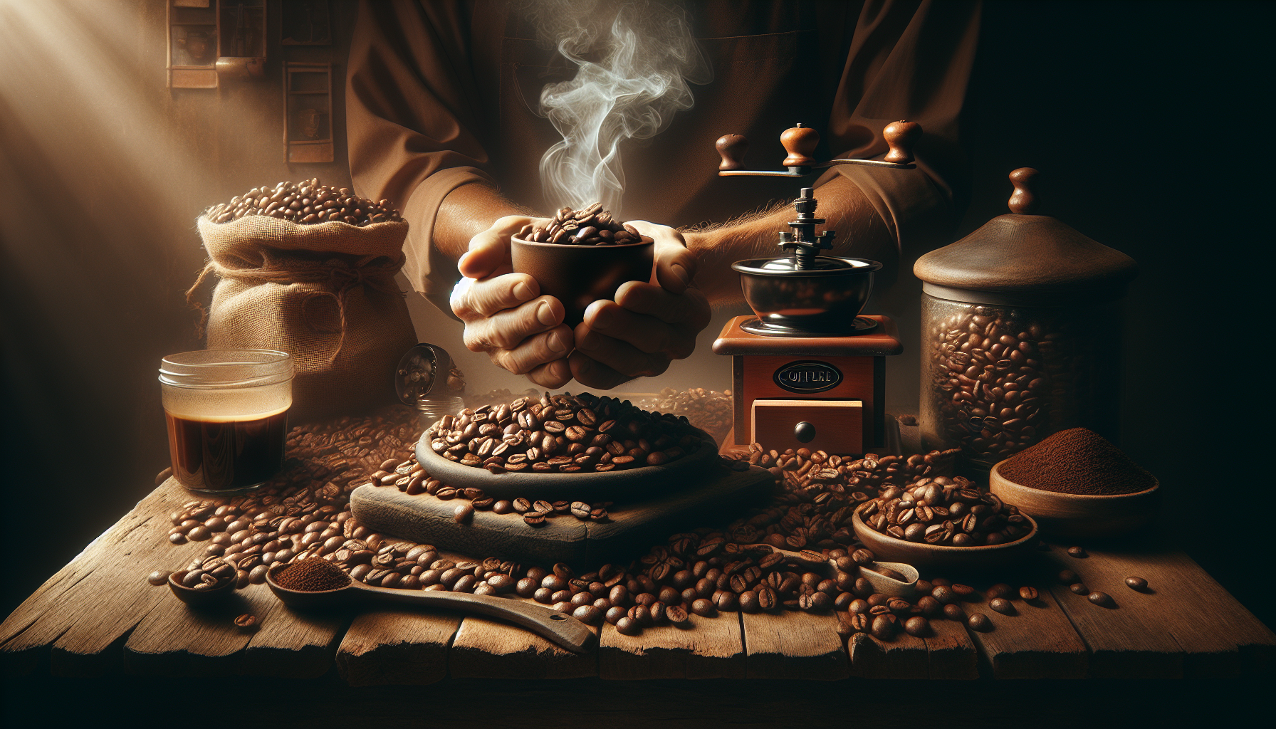 A visual journey that explores the richness of whole bean coffee. The scene depicts a pair of hands gently holding a pile of brown, glossy, whole coffee beans. The beans are aromatic and freshly roast