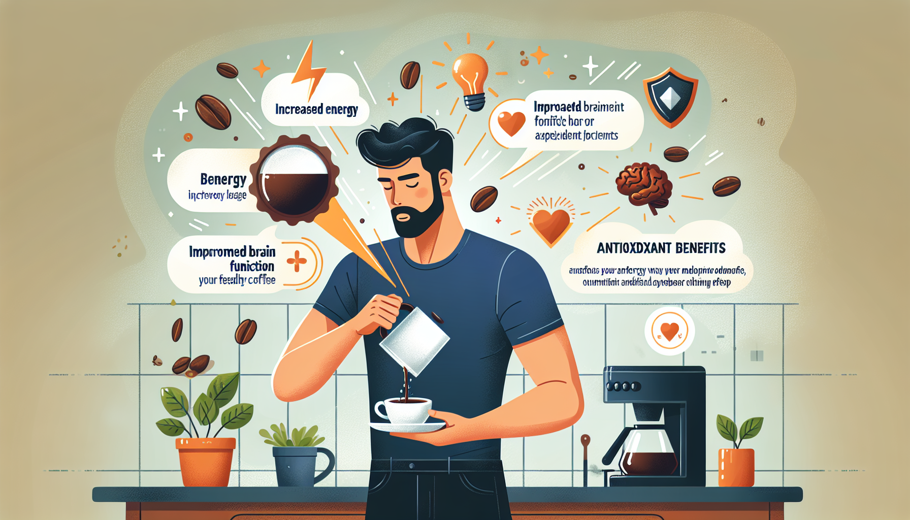 An illustration of the various benefits of healthy bean coffee. A bright kitchen setting with a person of Middle-Eastern descent pouring freshly brewed coffee into a cup. The aroma fills the air while