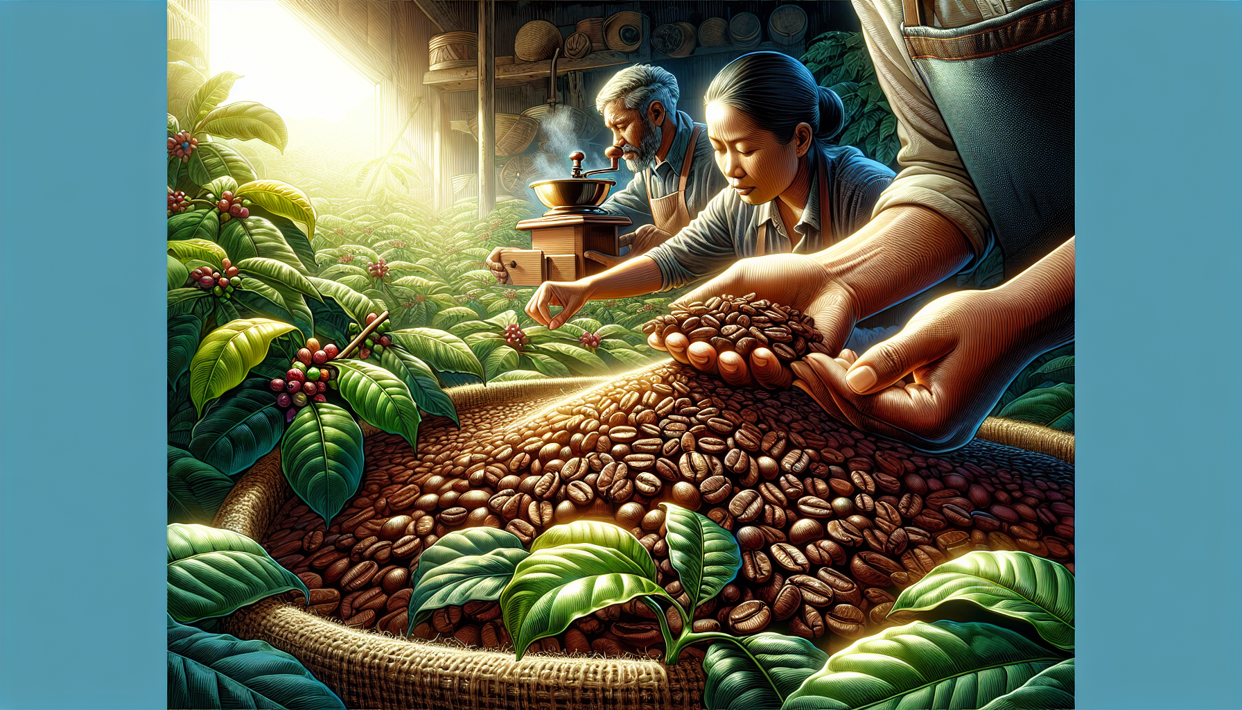 Detailed visual depiction of the richness of organic whole bean coffee. The focal point of the image is a pile of freshly roasted, shiny coffee beans in dark brown color, complemented by the lush gree