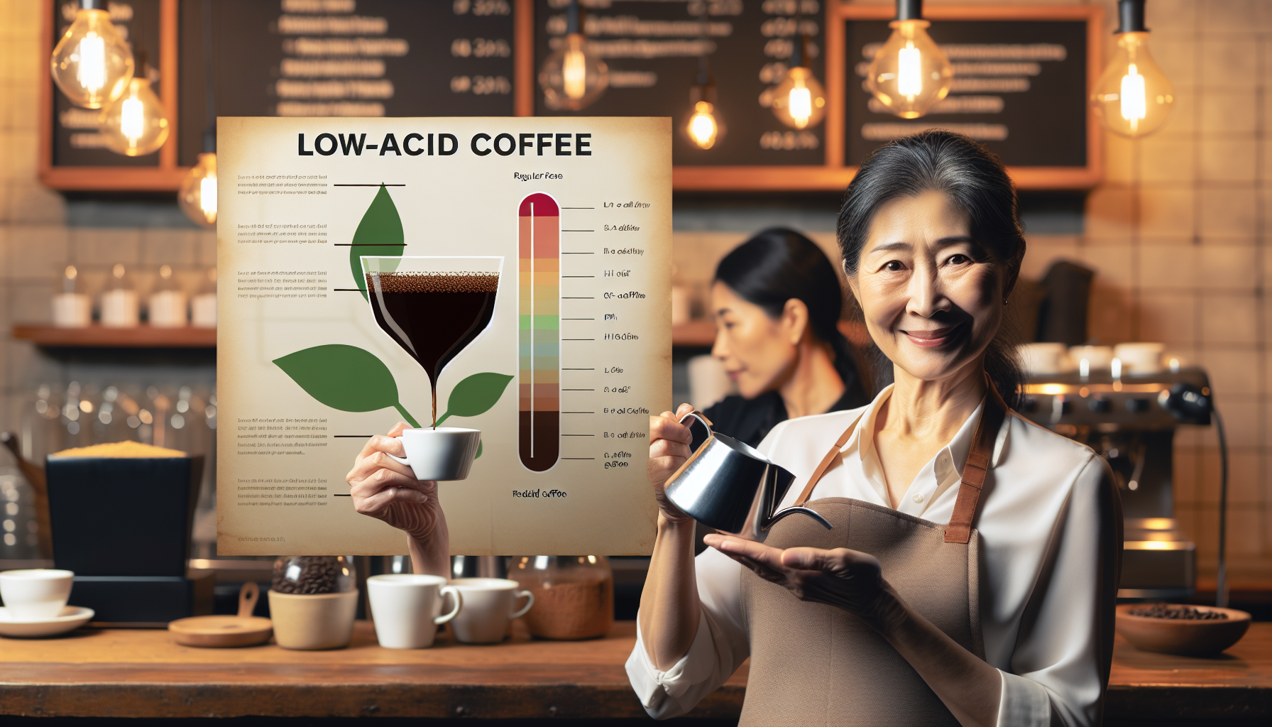 An in-depth exploration of a less known type of coffee: low-acid coffee. On one side of the picture, a mature female South Asian barista, who has a warm smile on her face and wears a smart, profession