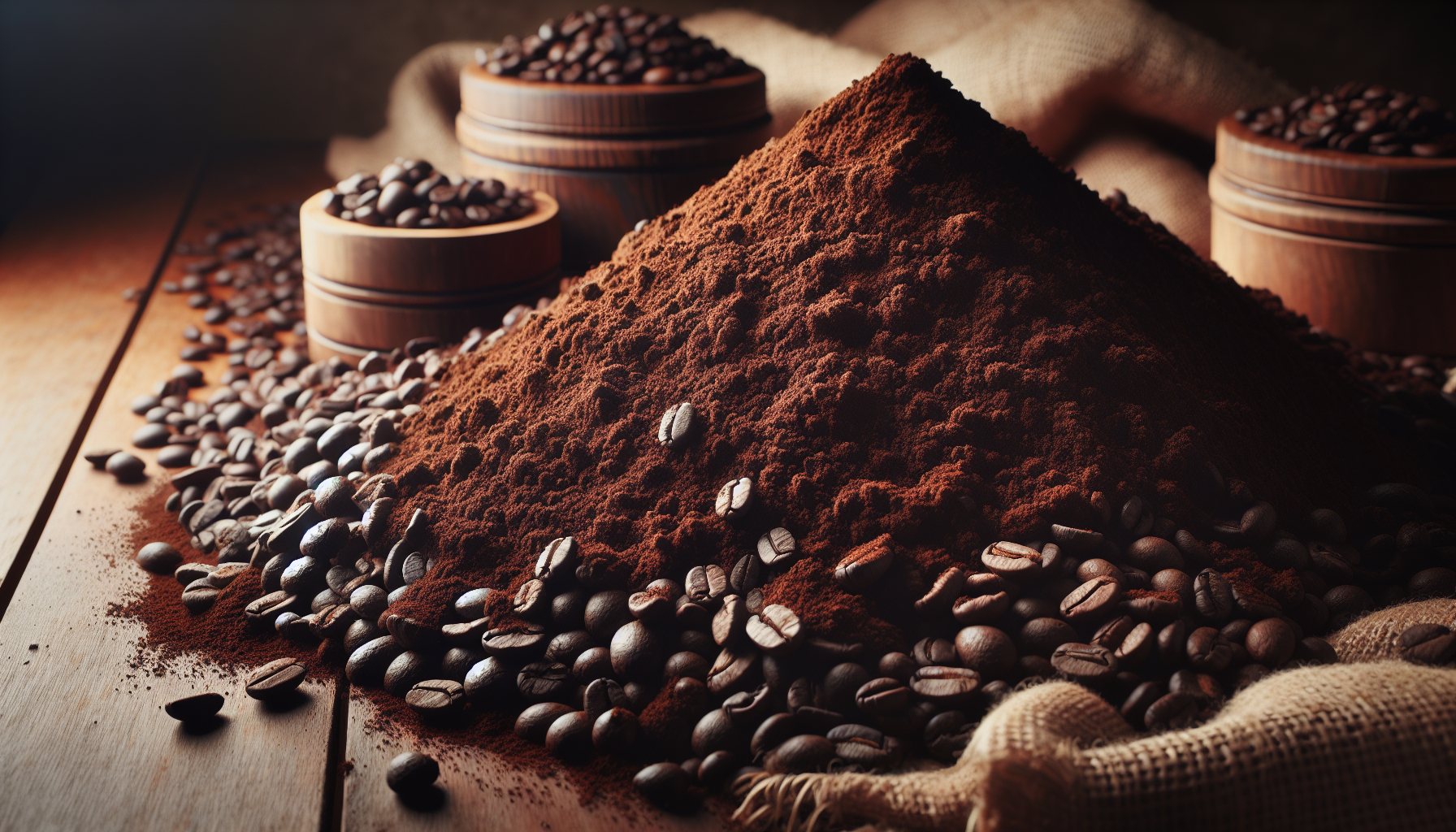 Showcase the abundance of a pile of organic ground coffee. The image should emphasize the deep texture, color, and richness of the coffee pile. The coffee is arranged in such a natural way as if it wa
