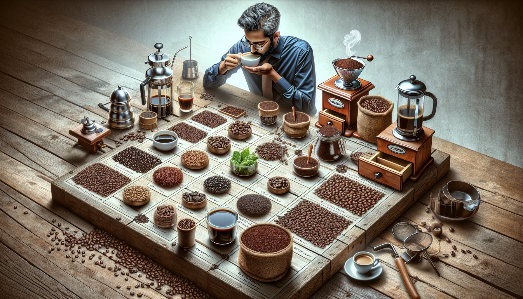 Visualize a detailed image showcasing the top coffee bean picks as per a brew-lover's review. The scene includes a rustic wooden table with various types of coffee beans arranged in distinct sections.
