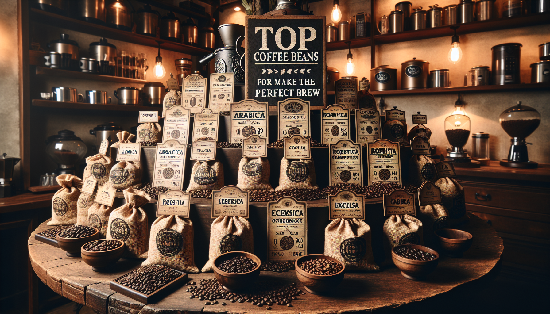 Create an intricate display of top coffee bean brands known for making the perfect brew. Show different types of coffee beans carefully arranged in rustic brown burlap bags with labels showcasing thei