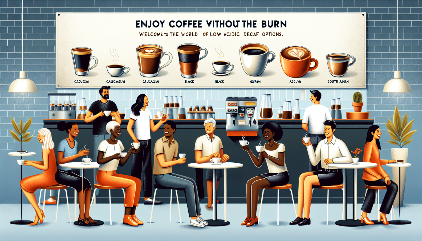 An illustration showing the rise of low acidic decaf coffee options. There is a contemporary coffee shop setting with people from different descents such as Caucasian, Black, Hispanic, and South Asian