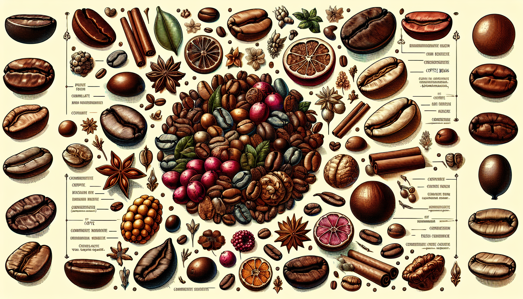 A vivid and intricate visual exploration of the world of coffee beans. Portray various types of coffee beans, each identified with a small label. The beans should be surrounded by a slight aura depict