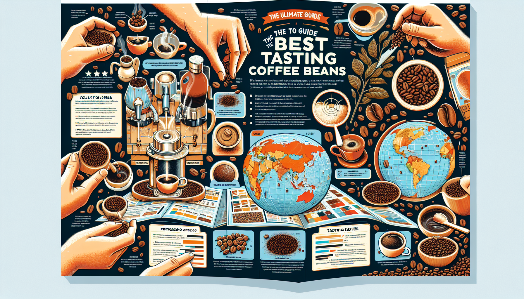 An illustrative and colorful guide for the best tasting coffee beans. It includes multiple sections detailing the cultivation areas, processing methods, roasting techniques, and tasting notes of the t