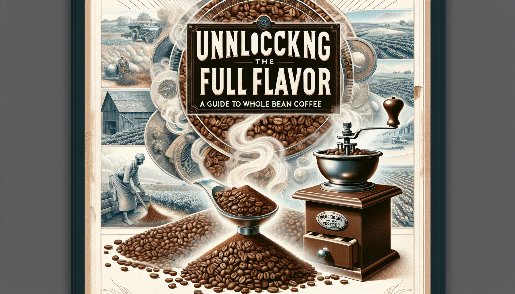Visual interpretation of the book cover for 'Unlocking the Full Flavor: A Guide to Whole Bean Coffee'. The center of the image features a pile of whole coffee beans, releasing strong aromatic fumes, s