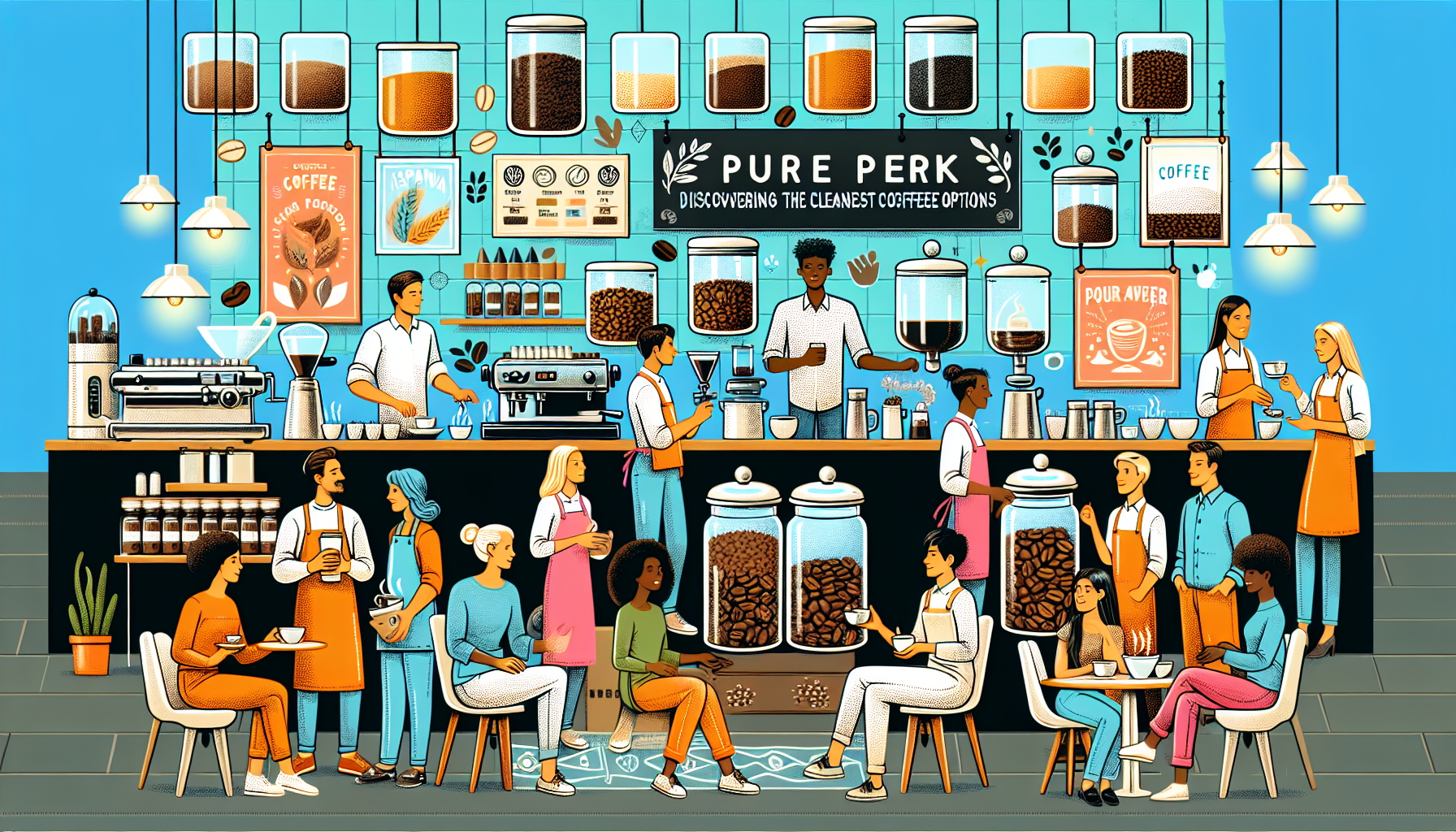 Illustration of a bright and lively coffee house filled with patrons from different descents such as Caucasian, Hispanic, Black, Middle-Eastern, and South Asian, both male and female. There are differ