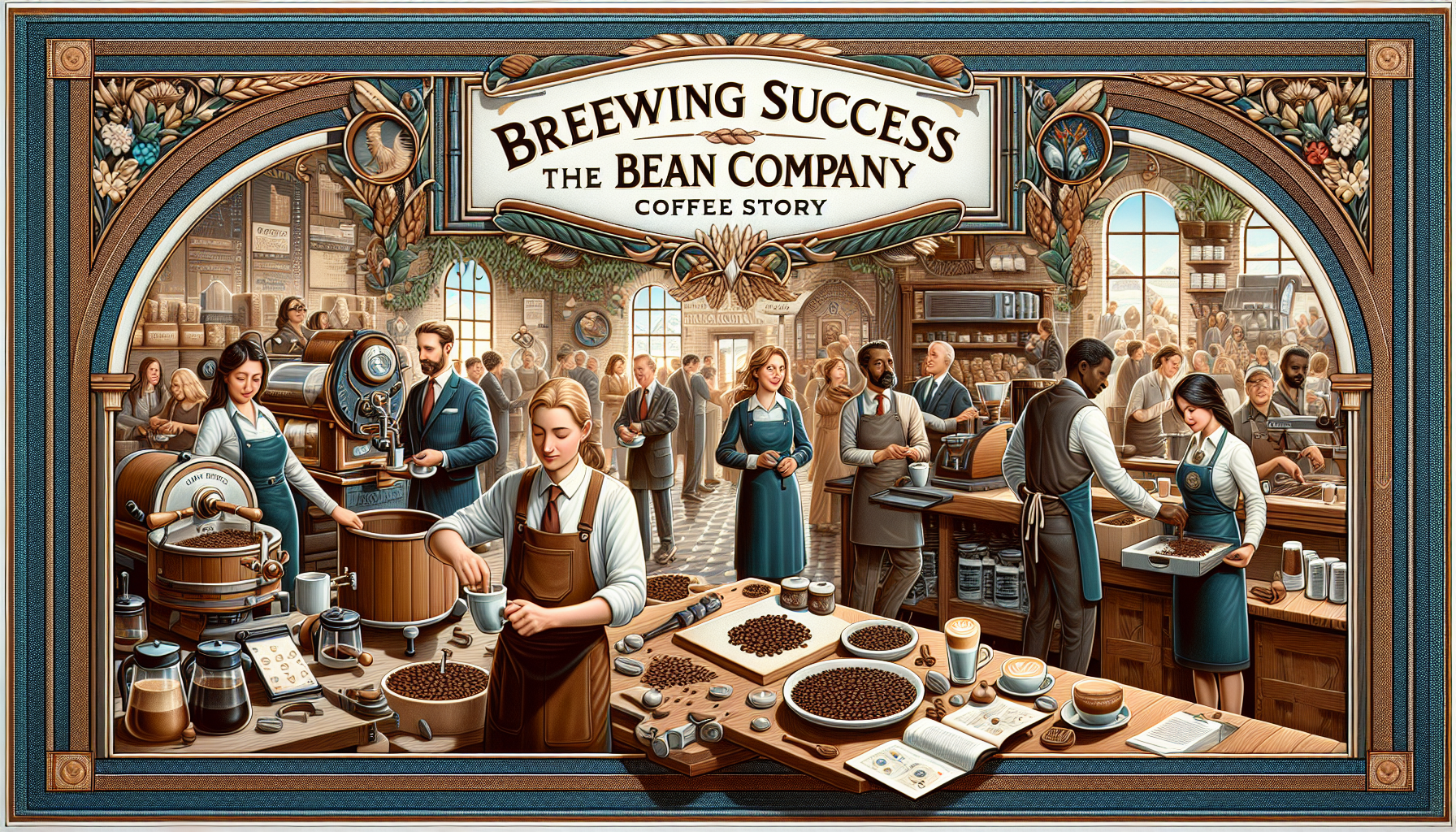 A detailed scene depicting the story of a coffee company journey named 'The Bean Company'. In the foreground, a variety of workers, including a Caucasian male roasting the coffee beans, a Middle-Easte
