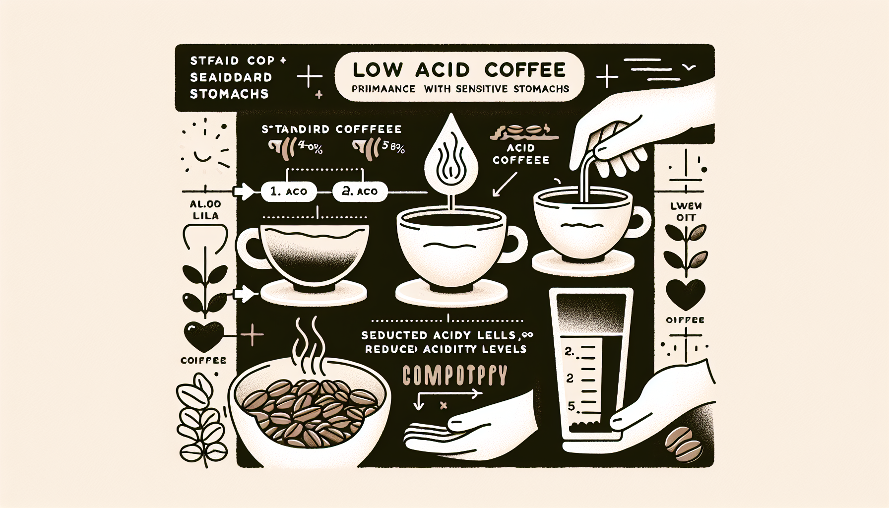 An informative image displaying the concept of low acid coffee, primarily designed for audience with sensitive stomachs. The image should contain a simplistic yet detailed overview of how low acid cof