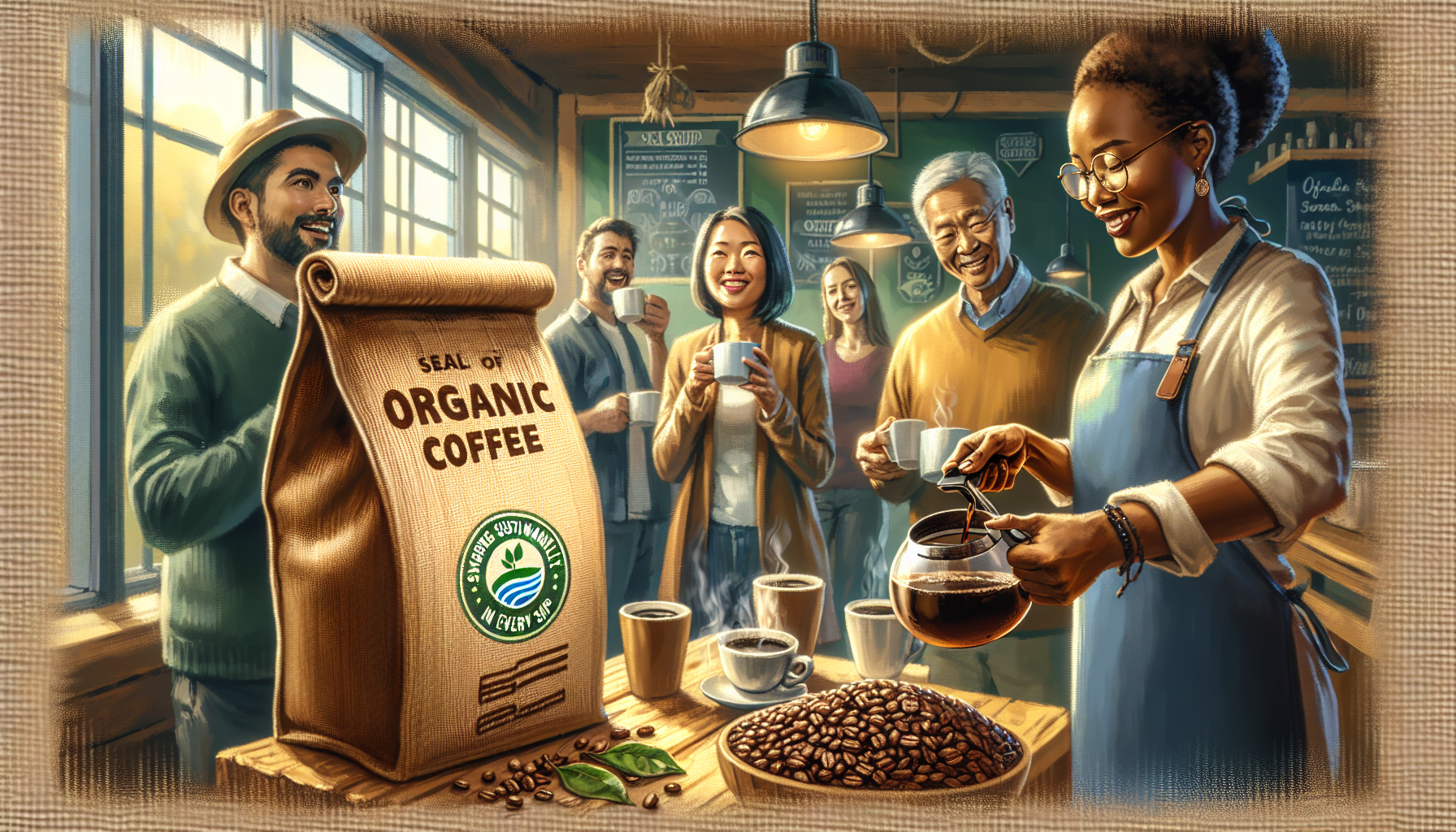 Paint a peaceful café scene, with a South Asian barista skillfully brewing a fresh pot of organic coffee. The beans are glistening and fragrant, displaying a seal of sustainability on the bag. Custome