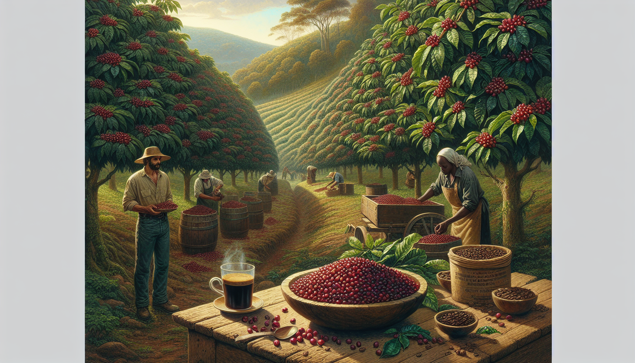 A visually detailed scene of a lush coffee plantation on hilly terrain. Rows of dark green arabica coffee trees are laden with ripe, crimson coffee cherries. In the foreground, a Middle-Eastern man an